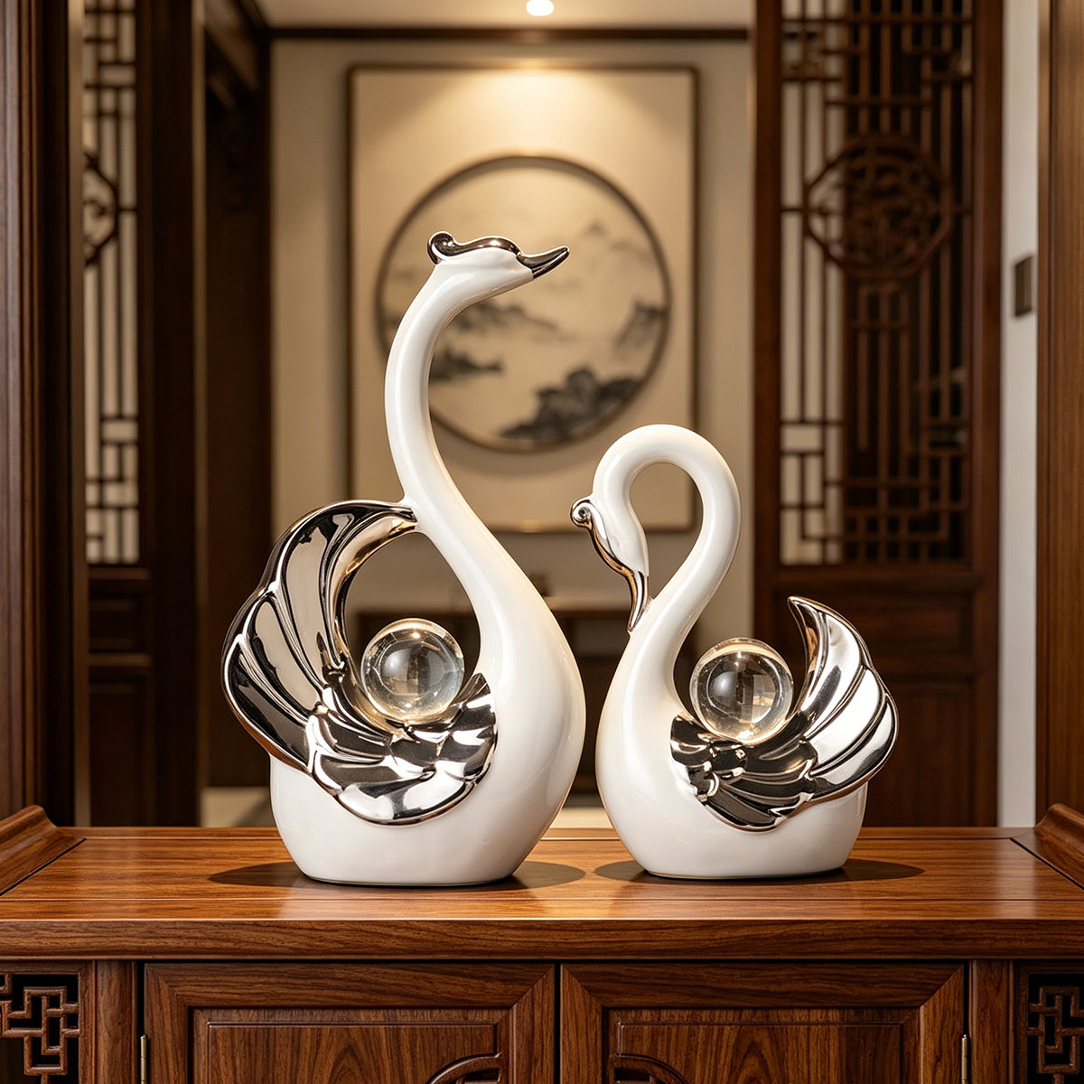Luxury Lifestyle Items - Seramik Kuğu Çifti Süsü Kristal Toplarla